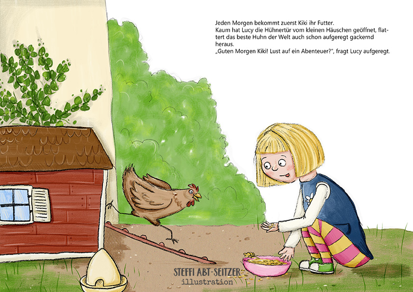 Steffi Abt-Seitzer Illustration Mädchen füttert Huhn vor Hühnerstall